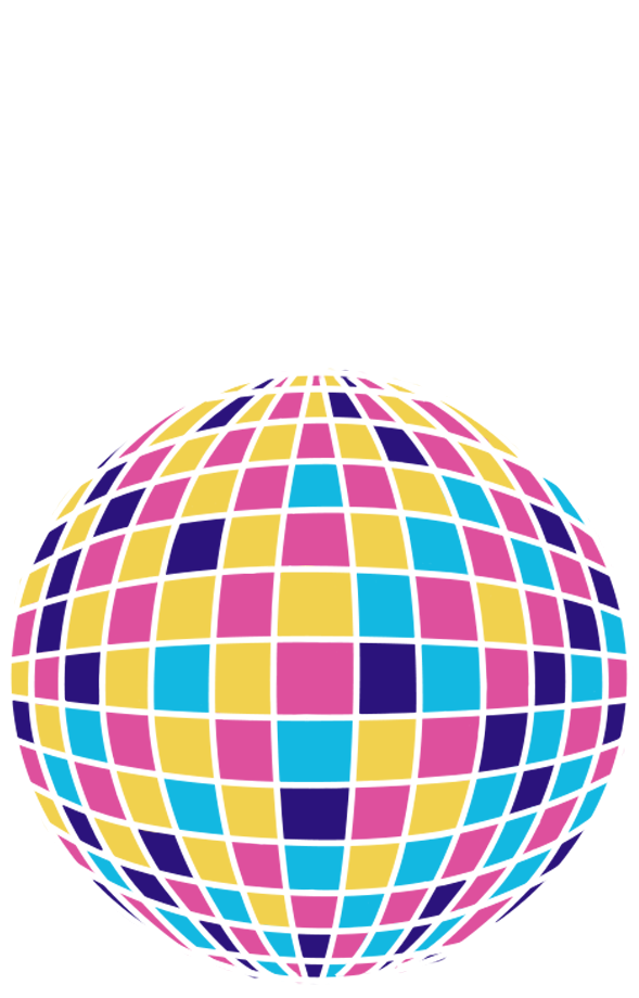 Graphic of a multicolored disco ball.