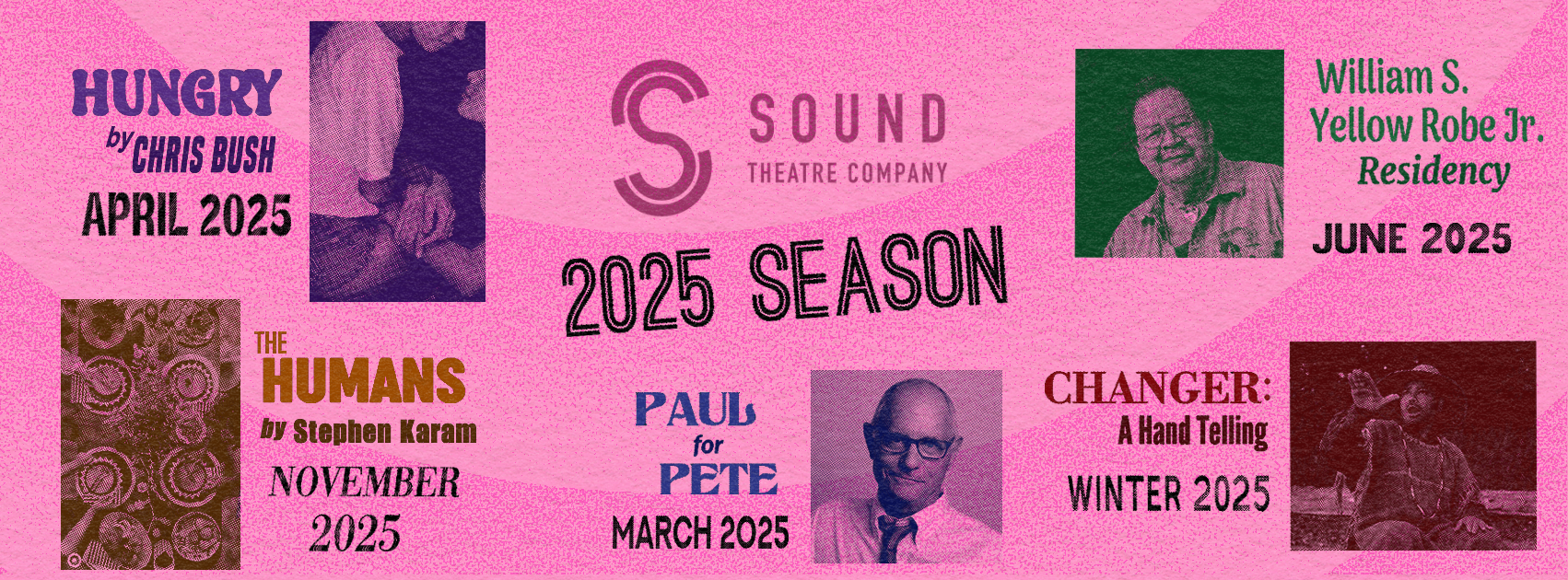 [ID: STC's 2024 Gala graphic, featuring a disco ball and confetti on a background of overlapping spotlights, all rendered in a combination of cyan, magenta, yellow, and white. The text reads "Sound Theatre Company's 2024 Gala, April 21, 4pm–7pm, Washington Hall," with the Sound Theatre Company logo at the top right, and the logos of sponsors 206 Zulu and Franklin Pierce Northwest at the bottom right. End ID.]