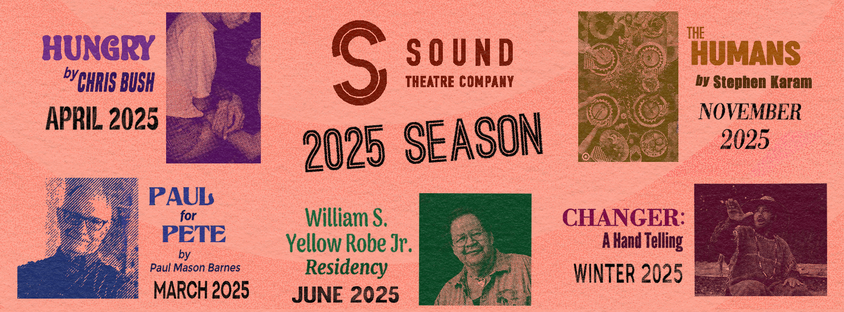 [ID: STC's 2024 Gala graphic, featuring a disco ball and confetti on a background of overlapping spotlights, all rendered in a combination of cyan, magenta, yellow, and white. The text reads "Sound Theatre Company's 2024 Gala, April 21, 4pm–7pm, Washington Hall," with the Sound Theatre Company logo at the top right, and the logos of sponsors 206 Zulu and Franklin Pierce Northwest at the bottom right. End ID.]