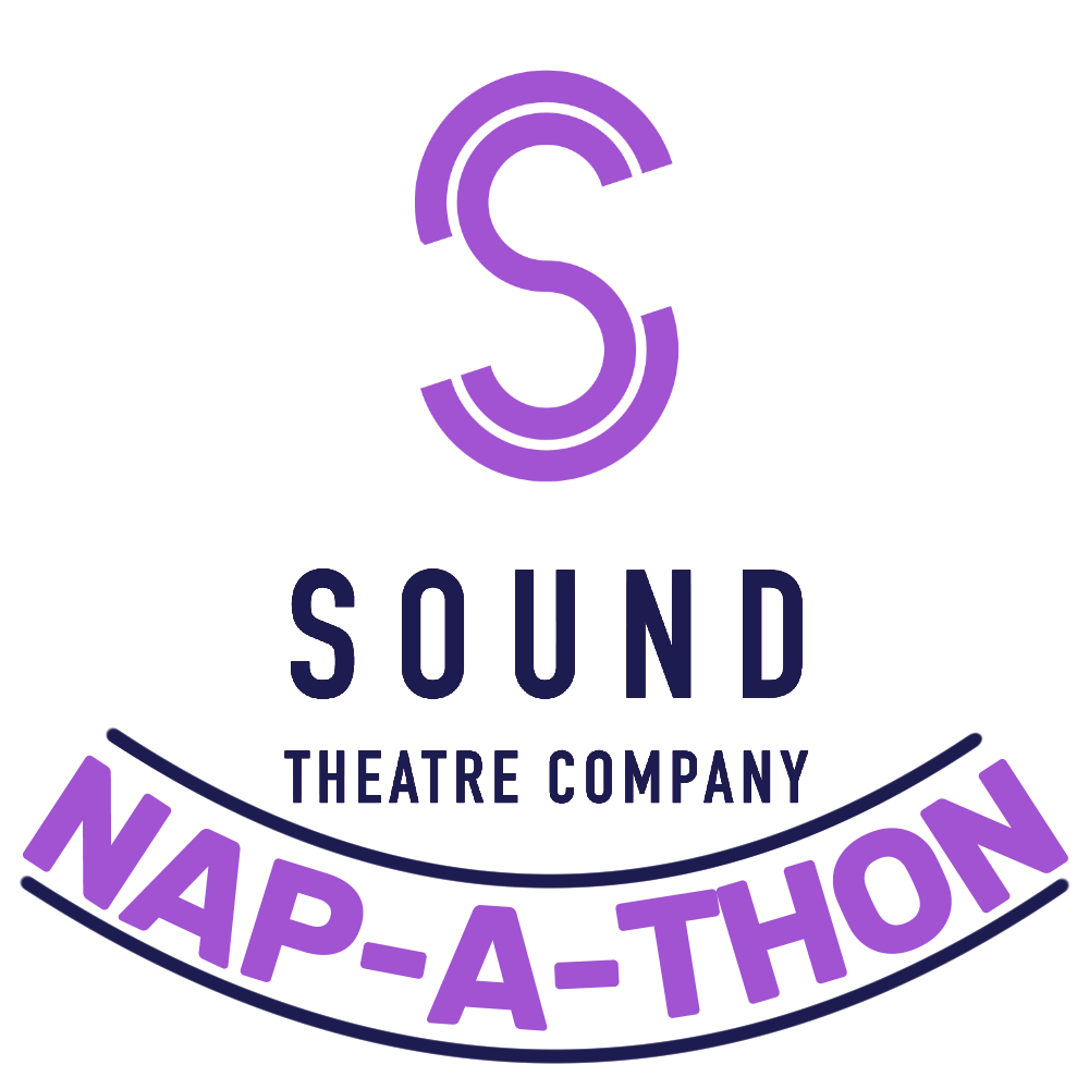 [ID: Sound Theatre Company's Nap-a-thon logo, featuring the branded S at the top in a rich purple shade, with 'Sound Theatre Company' underneath it in navy blue. The title 'Nap-a-thon' is curved beneath that, separated by curved navy blue lines and in the same purple as the 'S'. End ID.]