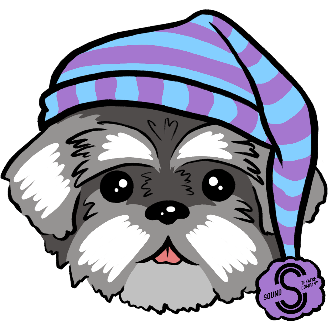 [ID: illustrated graphic of Sound Theatre Company's mascot, Shay: a gray-and-white shih tzu. He's wearing a striped blue and purple sleep cap with a pom pom at the end, hanging over his left ear and containing STC's logo. End ID.]