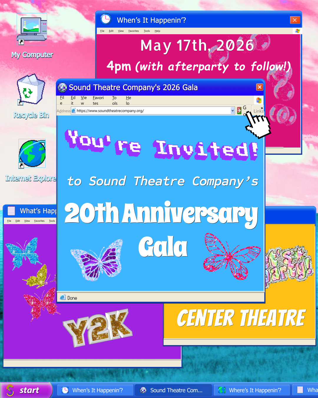 [ID: graphic for Sound Theatre's 2026 Gala, styled after a classic Windows XP desktop, with different windows open to information on the event. End ID.]